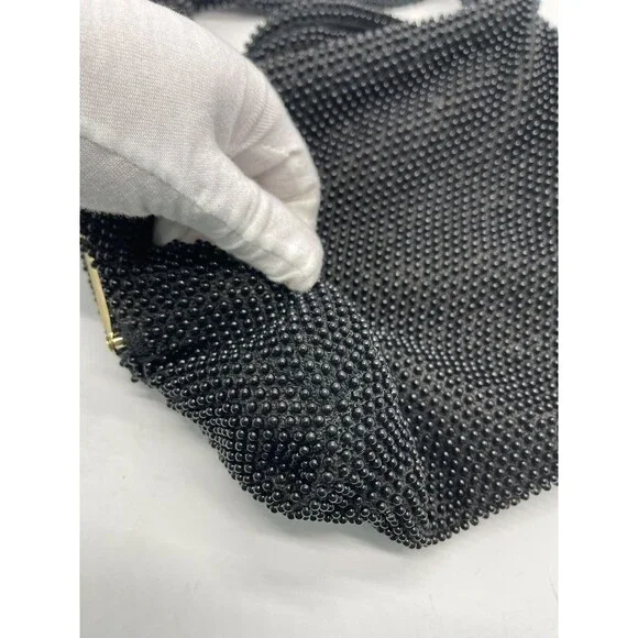 Vintage 1960s Lumured Black Corde Beaded Handbag purse Kiss lock Petit cool - Picture 5 of 16